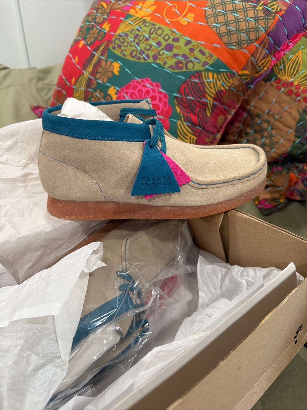 Clarks Sand Combo Wallabee Boot Box — Beige and Teal Accents